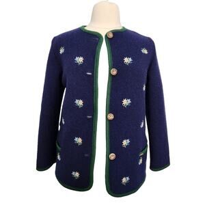 SONNWEND EXKLUSIV Vintage Wool Jacket. Size L Floral Navy Blue Green Trim